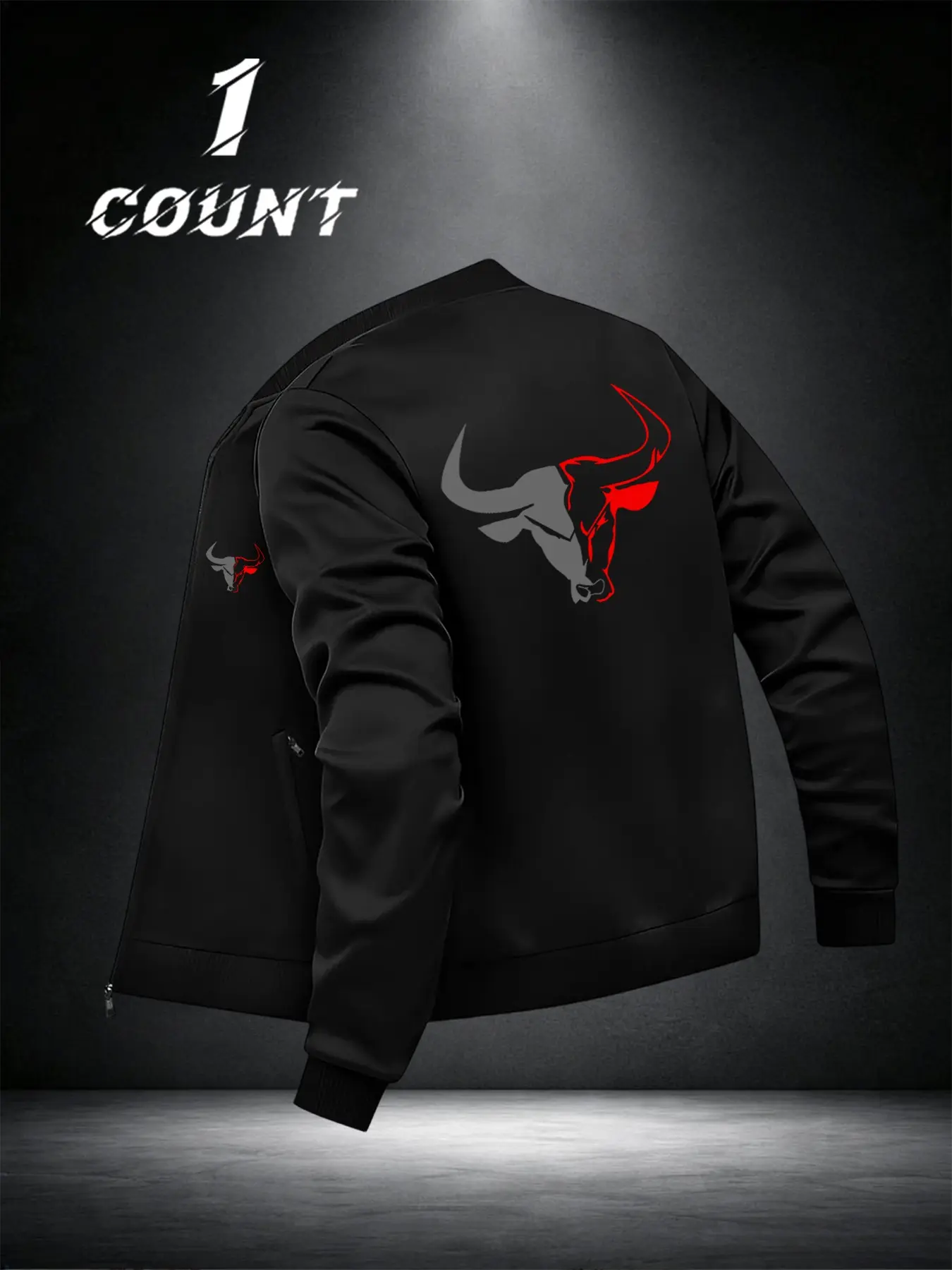 Men's Sporty Outerwear, Smooth Wrinkle-Resistant Fabric, Bull Head Print, Zipper Pocket, Loose-Fit, All Seasons, Fitness & Outdoor Athletic Jacket, Outdoor Sports Jacket