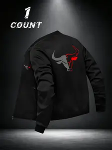 Men's Sporty Outerwear, Smooth Wrinkle-Resistant Fabric, Bull Head Print, Zipper Pocket, Loose-Fit, All Seasons, Fitness & Outdoor Athletic Jacket, Outdoor Sports Jacket