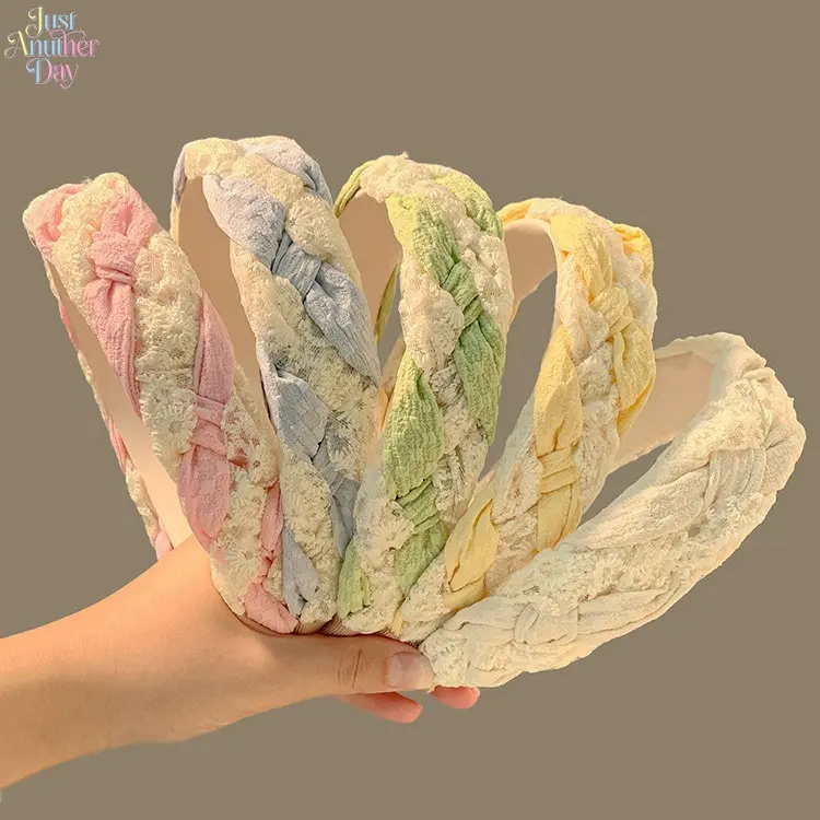 5Pcs Pastel Lace Braided Headbands For Women Elegant Sweet Girls High Cranial Top Hair Hoop Slim Face Design Soft Floral Lace Knit Hairbands Non Slip Wash Face Daily Outdoor All-match Ins Aesthetic Hair Accessories Set