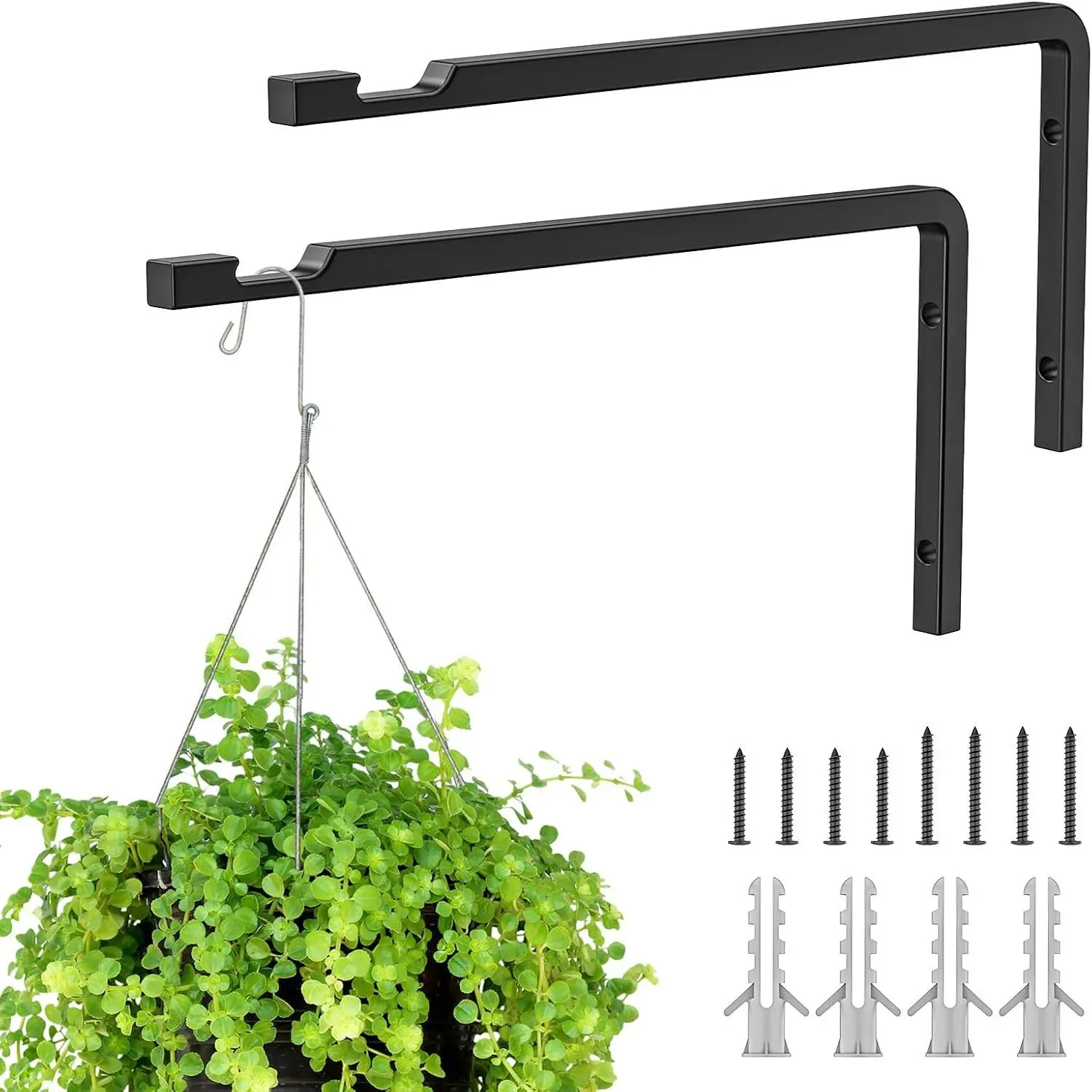 2 Pack 8 Inch  Hanger Hooks for Indoor  , Heavy Duty Steel   Brackets Wall Mount Hooks for  Bird Feeders Flower Basket Wind Chime Solar Lanterns Outdoor, Black