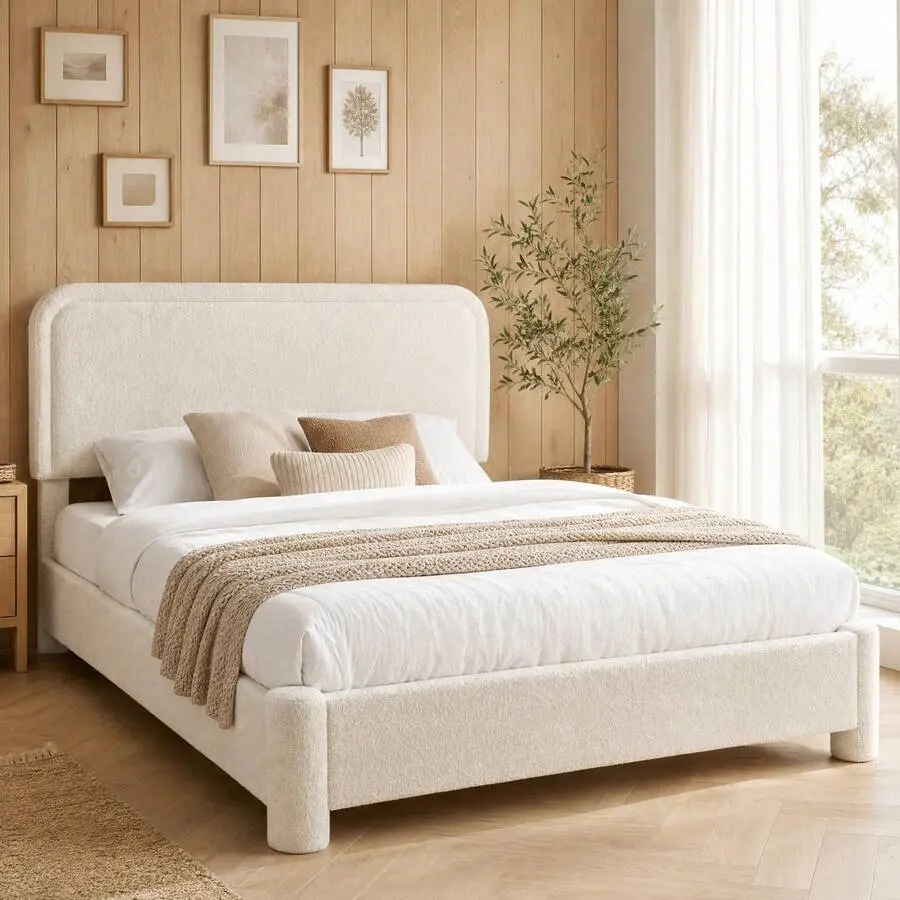 Bed Frame With Headboard, Luxurious Teddy Boucle Platform Bed, Soft Rounded Corners, No Box Spring Required, Non-Slip And Noise-Free, Easy Assembly, White,wood,corner bed frame,floor,queen,cama,,size,twin,modern,home,decor,ground,pool,,fir,california,king