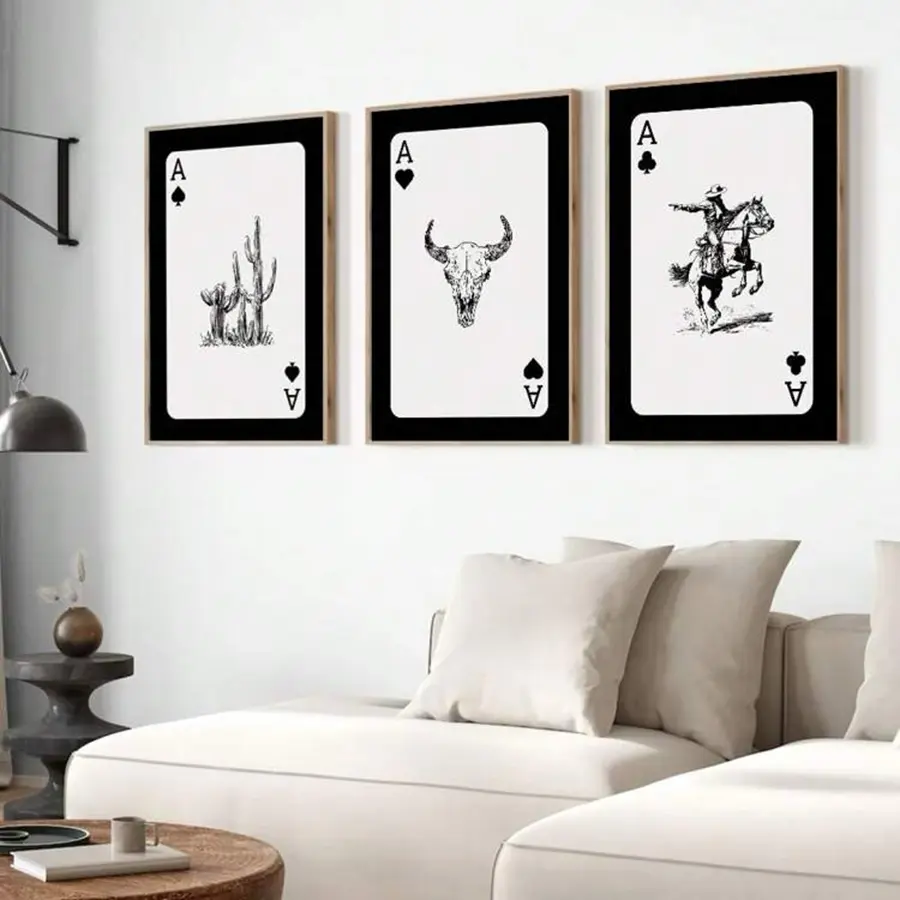 3-Piece Cowboy Horse Cactus Poker Card Design Wall Art, Line Minimalist Bedroom Living Room Study Decor, Frameless Poster Set