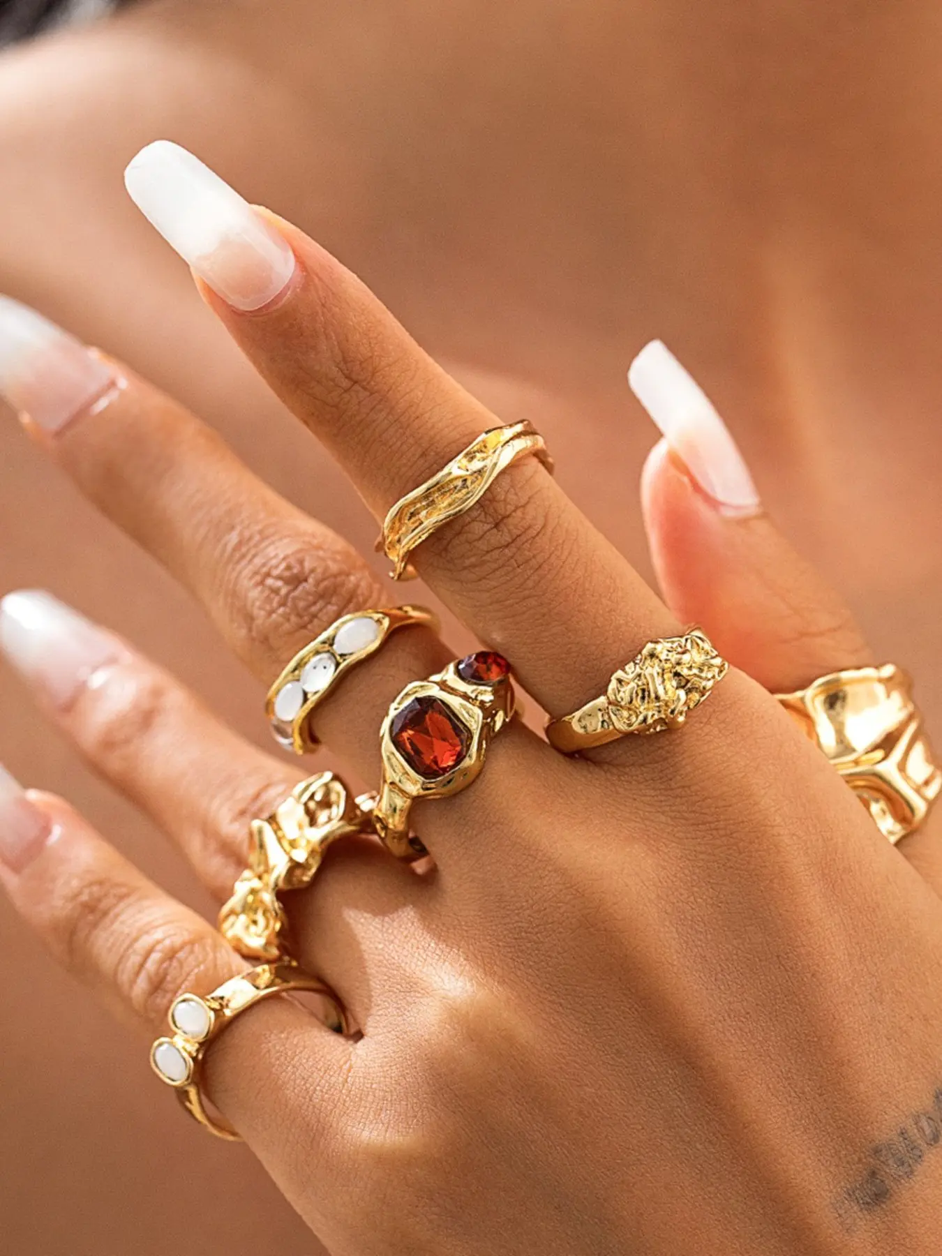 7 Piece Vintage Stackable Rings Set, Gemstone Mother-Of-Pearl Design, Boho Style Finger Ring for Daily Wear and Gifts