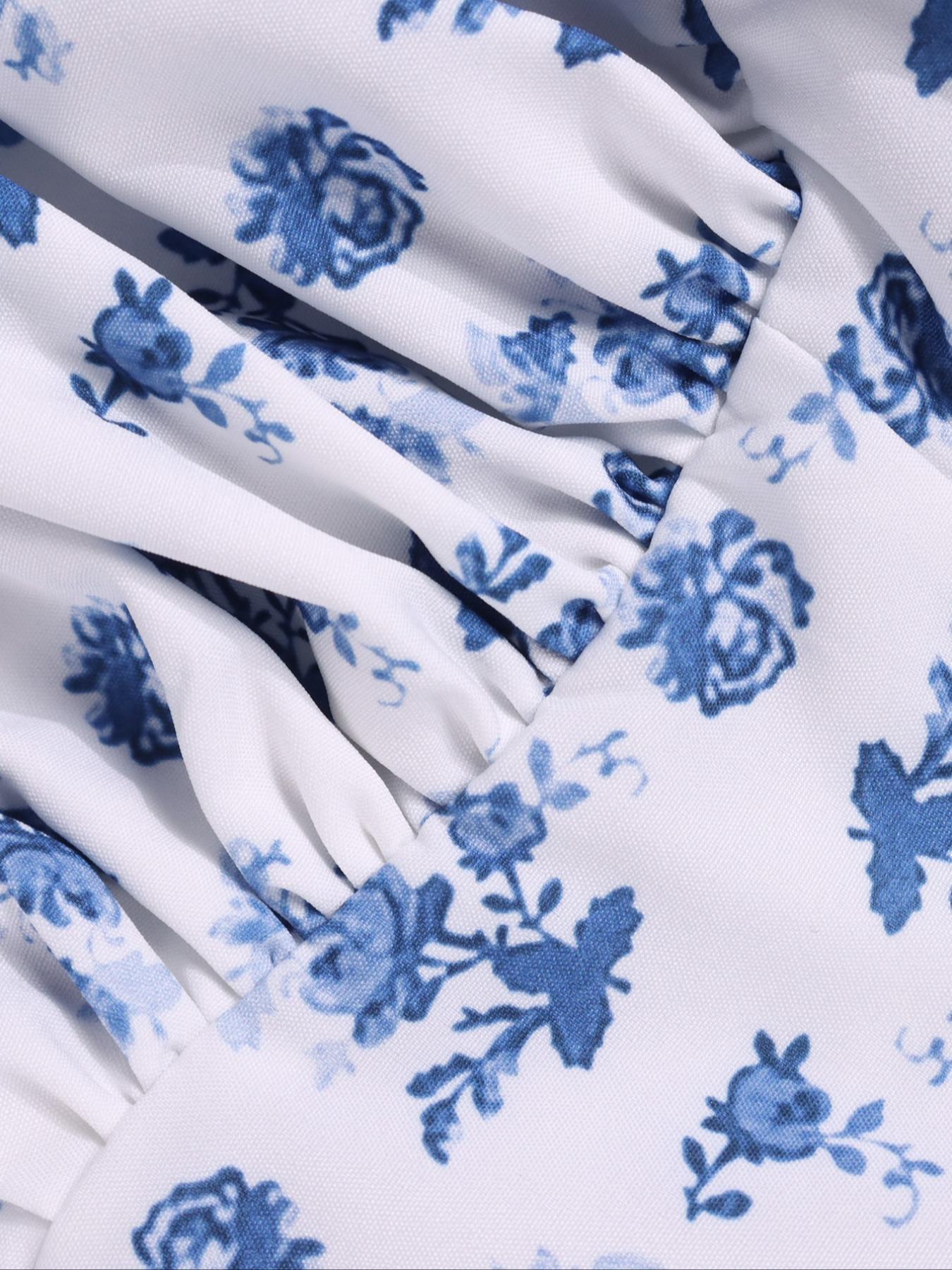 Women'S Frenchy Style Ditsy Floral Print Puff Sleeve Tie Front Split Thigh A Line Dress, Milkmaid Dress, Dress For Summer, Short Sleeve Square Neck Long Dress For Beach Vacation Holiday, Summer Outfits 2024, Ladies Summer Clothes