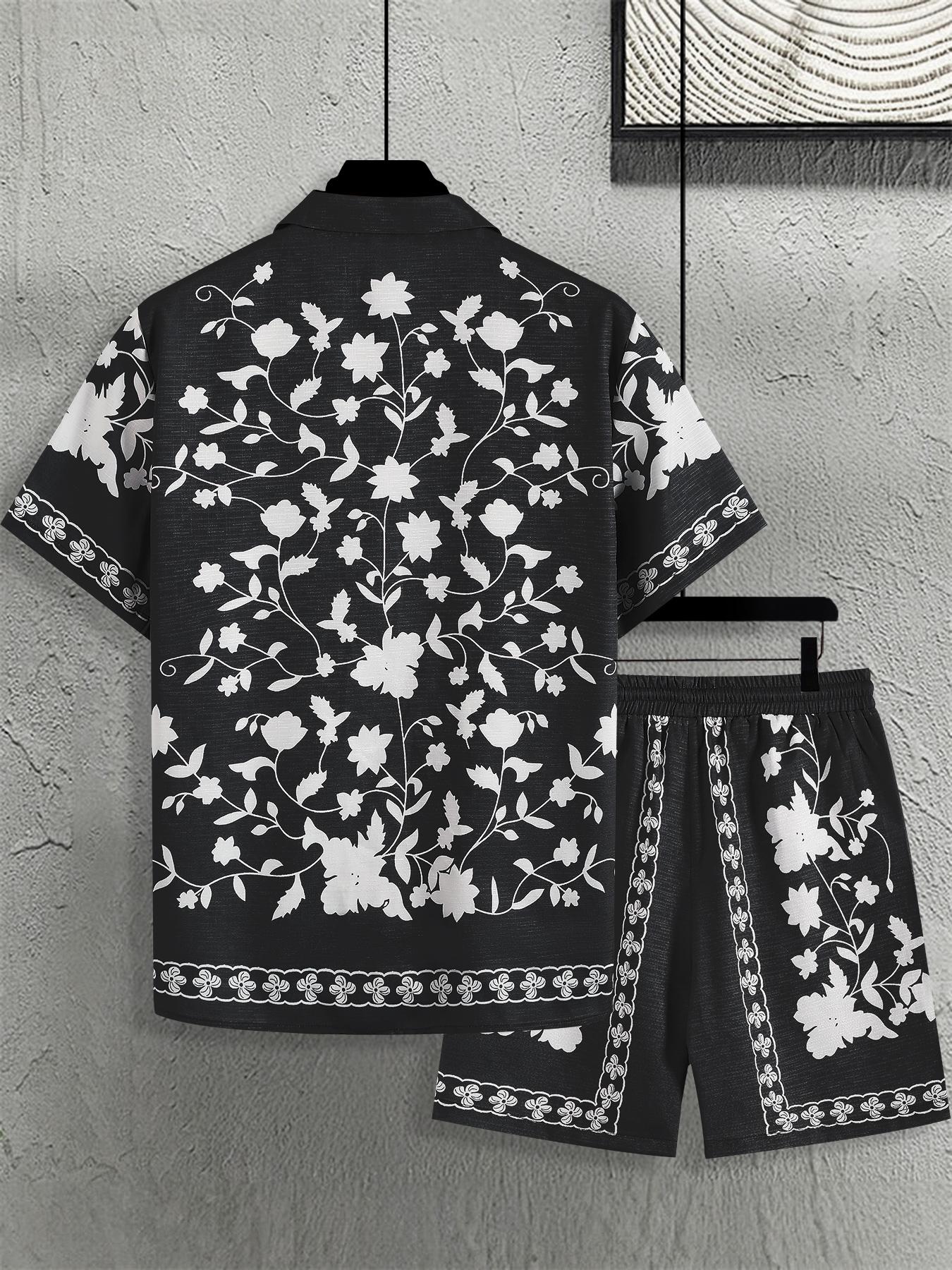 Men's Ethnic Pattern Button Front Shirt & Shorts Loungewear Two-Piece Set, Casual Comfy Short Sleeve Top & Shorts PJ Set, Men's Sleepwear for Summer