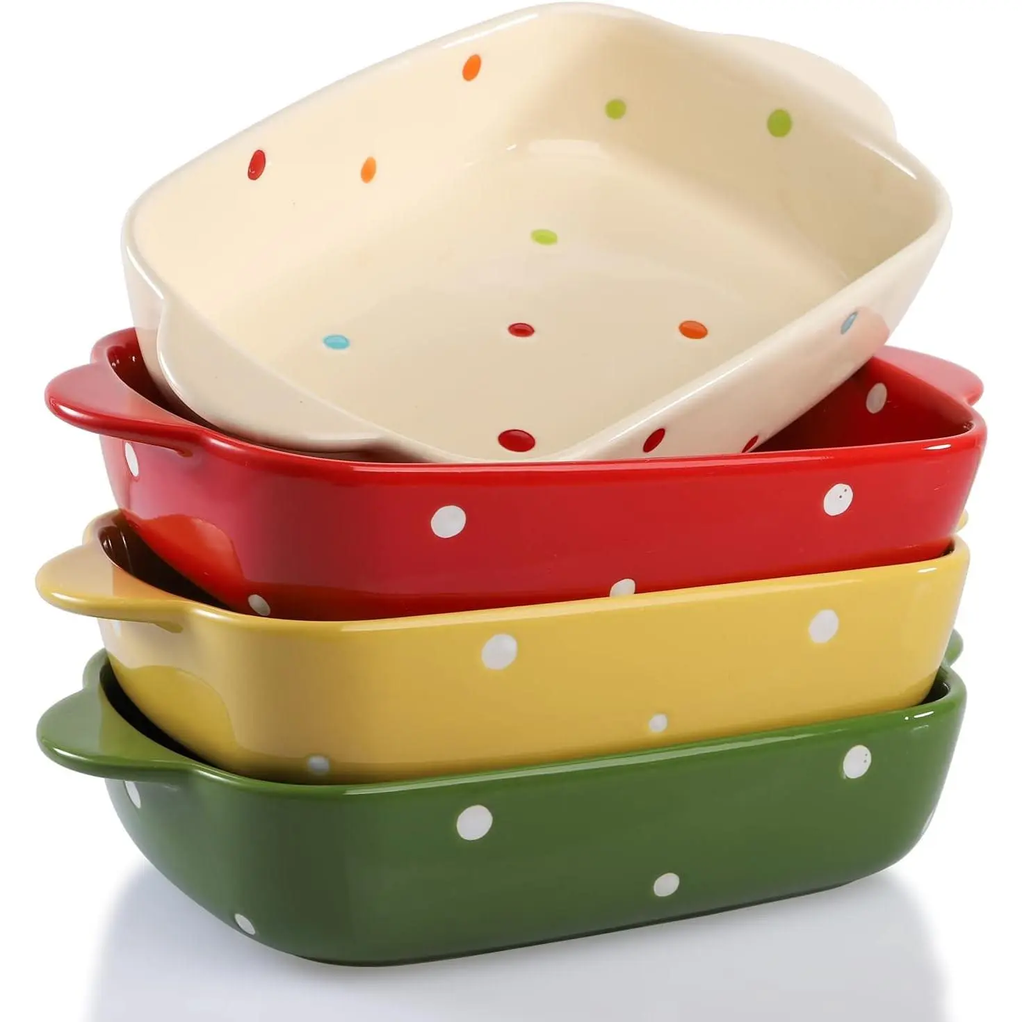 Set of 4 Ceramic Small Casserole Dishes, 7"x5" Porcelain Roasting Lasagna Pan, Individual Casserole Dishes Bakeware with Handle Rectangular Dish, Ceramic Baking Dish for Oven, 20 Oz, Polka Dot, Assorted Color
