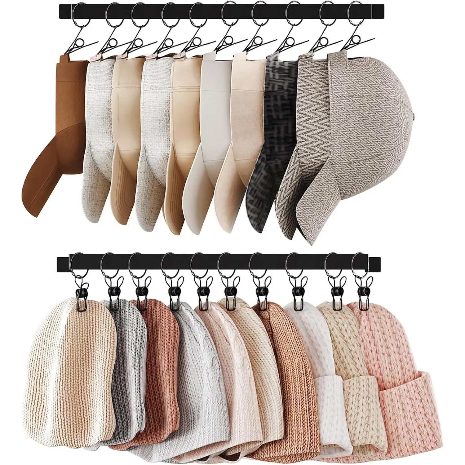 Wall Mounted Hat Rack with Hooks, Set of 2 | Hat Hanger, Metal, Fits Baseball Cap Cowboy Hat, Closet Storage Organizer for Bedroom Entryway