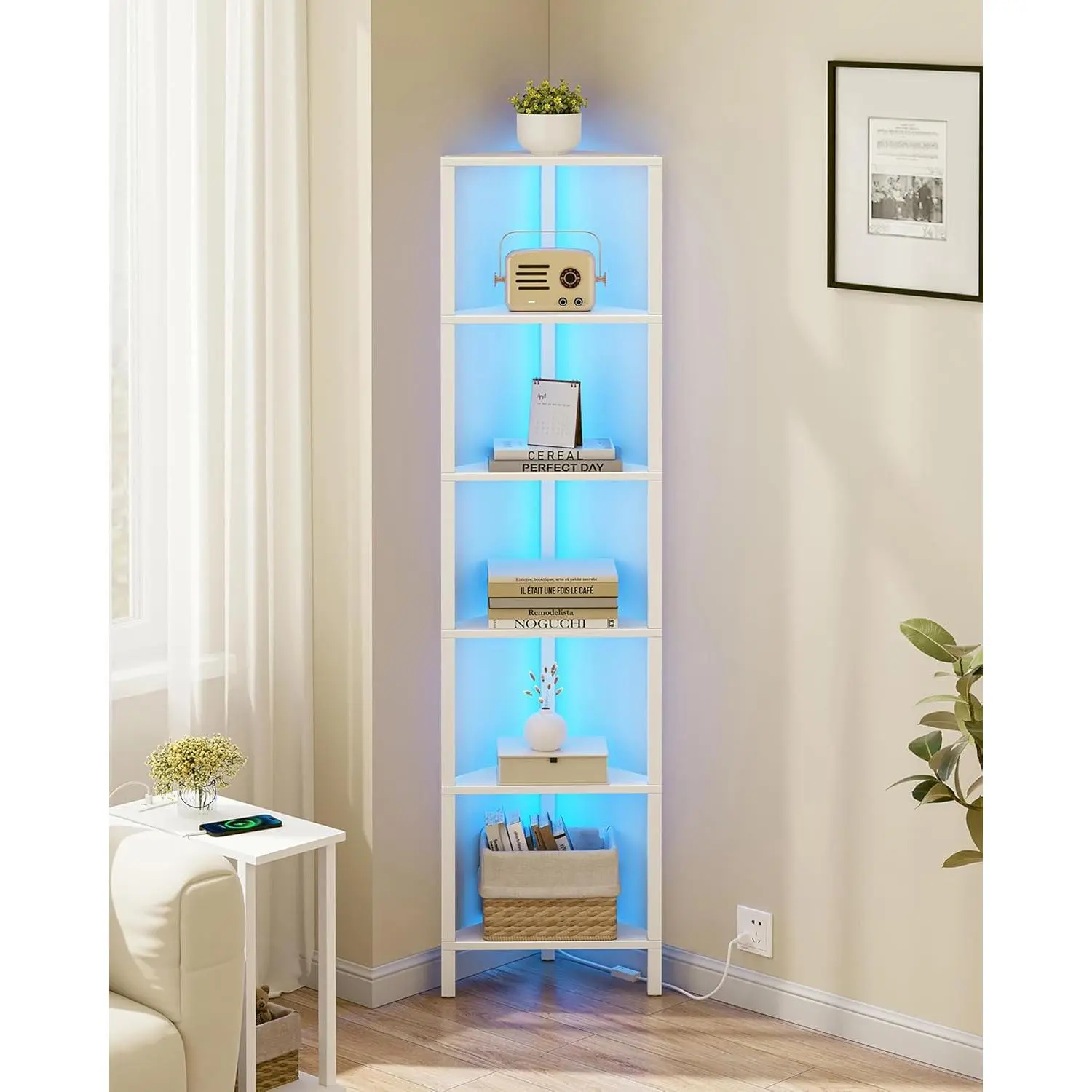 6-Tier Corner Bookshelf with LED Light, Corner Shelf | for Small Space, Narrow Display Corner Shelf Stand with Storage Rack, for Living Room, Bedroom, Pure White