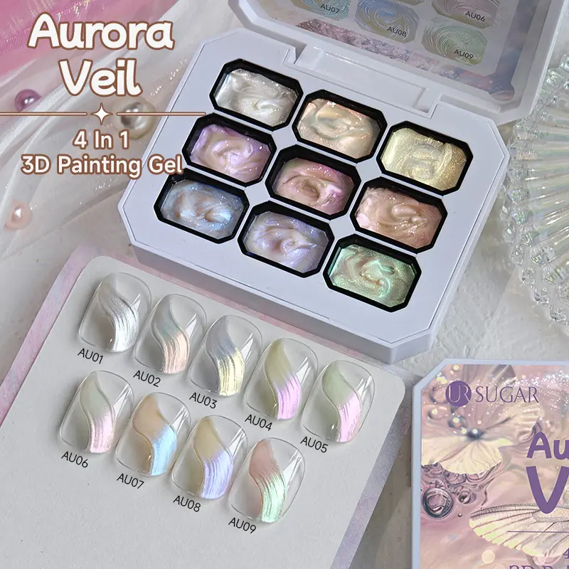 Pearlescent Aurora Nail Gel Set - Iridescent Sheen 3D Texture Gel for Swirl, Ombre & Marble Effects