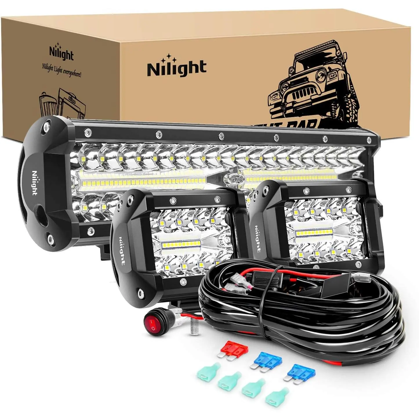 Nilight LED Light Bar Set - 12-Inch 300W Total Triple Row Spot-Flood Combo Work Lamp, 2 Pcs 4-Inch 60W Lamps with Wiring Harness for Off-Road ATV/Boat Automotive Underglow Lighting Parts