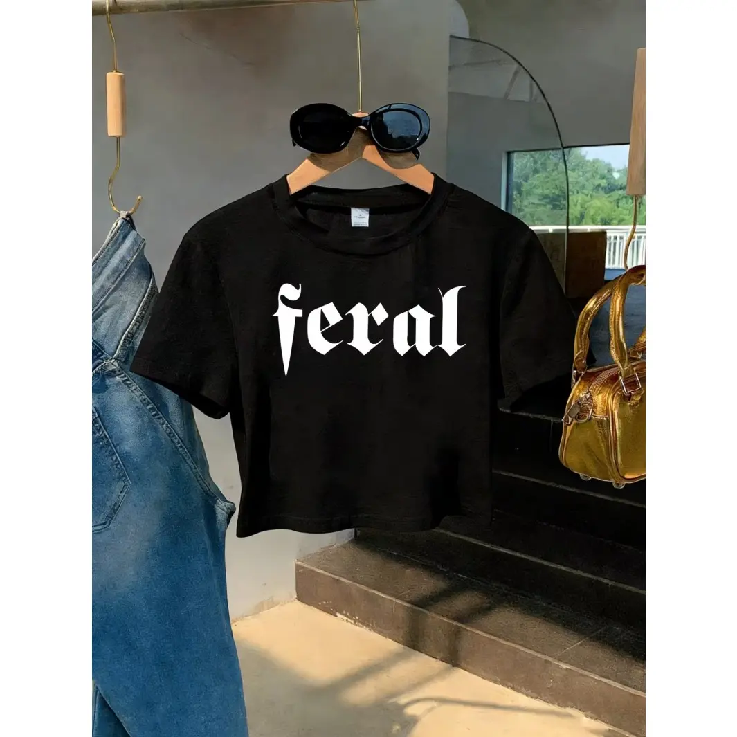 Feral Gothic Letter Print Black Crop Tee Women Y2K Aesthetic Short Sleeve T Shirt Casual Summer Streetwear For Daily Outing Vacation Concert Teen Girl Outfit Essential