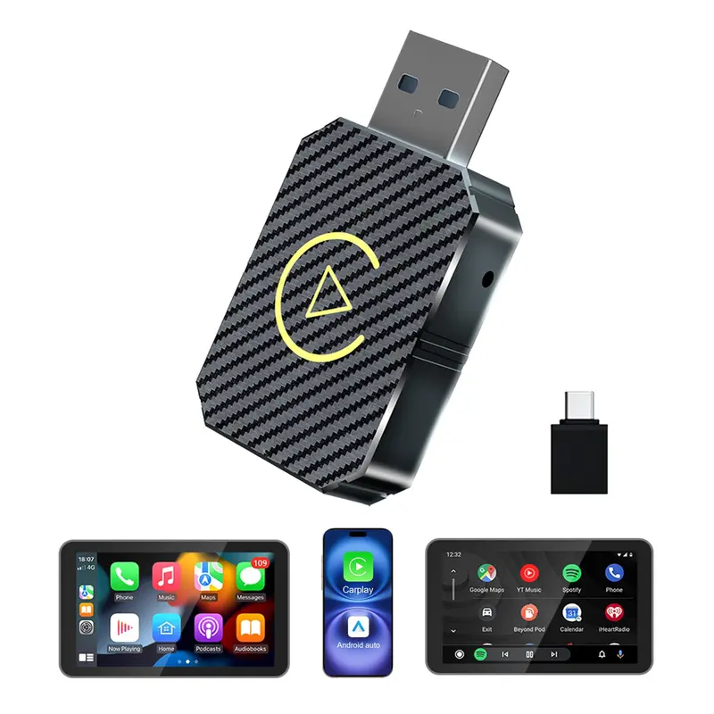 2026 Upgraded Wireless CarPlay Adapter - USB-C Mini 2-in-1 Car Accessory, Auto Accessories Interior, Compact, Stable, Plug & Play, Hands-Free Calls, Compatible With iOS 10+ Android 11+ (Carbon Fiber Color)