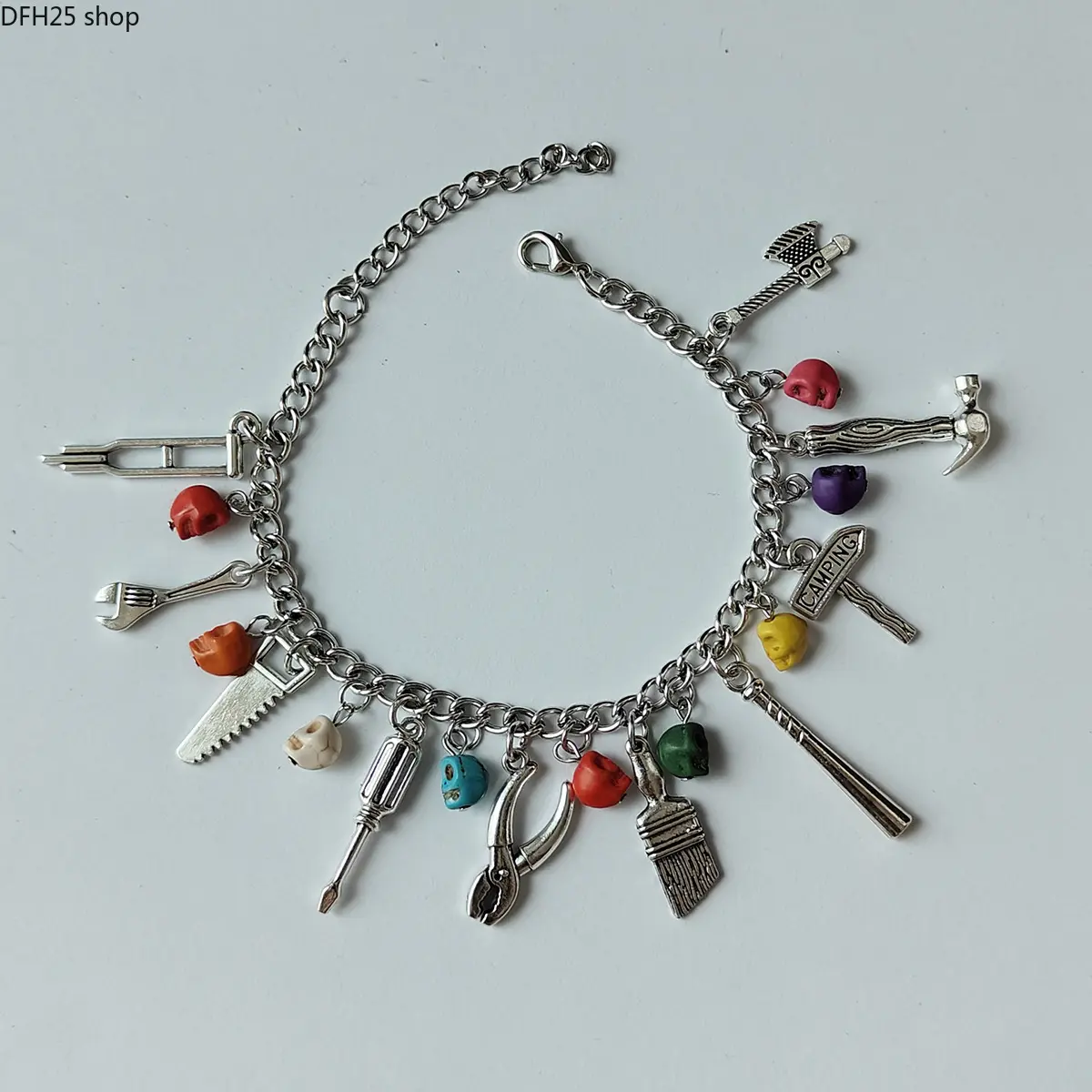 Halloween Horror Charm Bracelet for Women and Men, Silver Tone Chain With Mask, Doll, Axe and Red Bead Pendants, Gothic Costume Jewelry for Parties and Daily Wear
