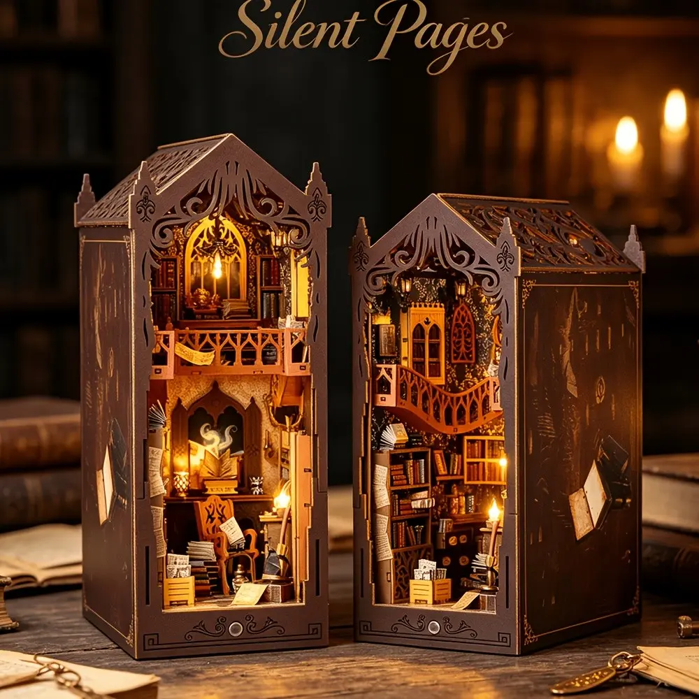 Wooden DIY House Building Scene, 3D Magic Book Stand, Rich Interior Details, Adult Assembly, Shelf Decor, Gift Box, Christmas, Halloween