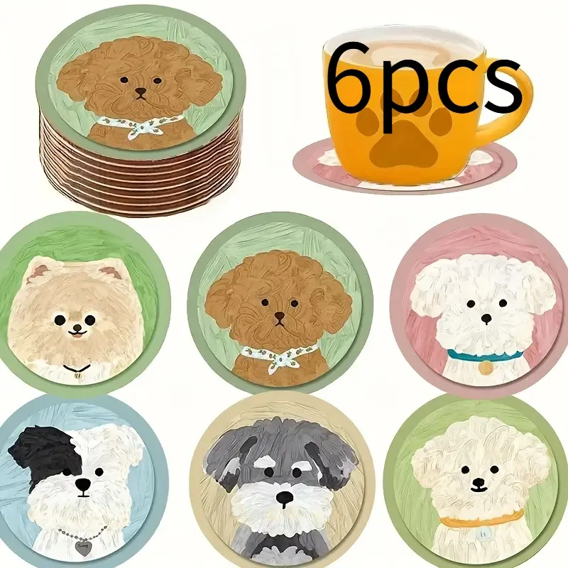 6 Pack Round Wooden Coasters with Adorable Puppy Print, Cute Dog Themed Table Mats Fit Mugs & Teacups, Decorative Table Accessories for Office, Home, Bar & Corporate Parties, Ideal Holiday Gift for All Pet Lovers