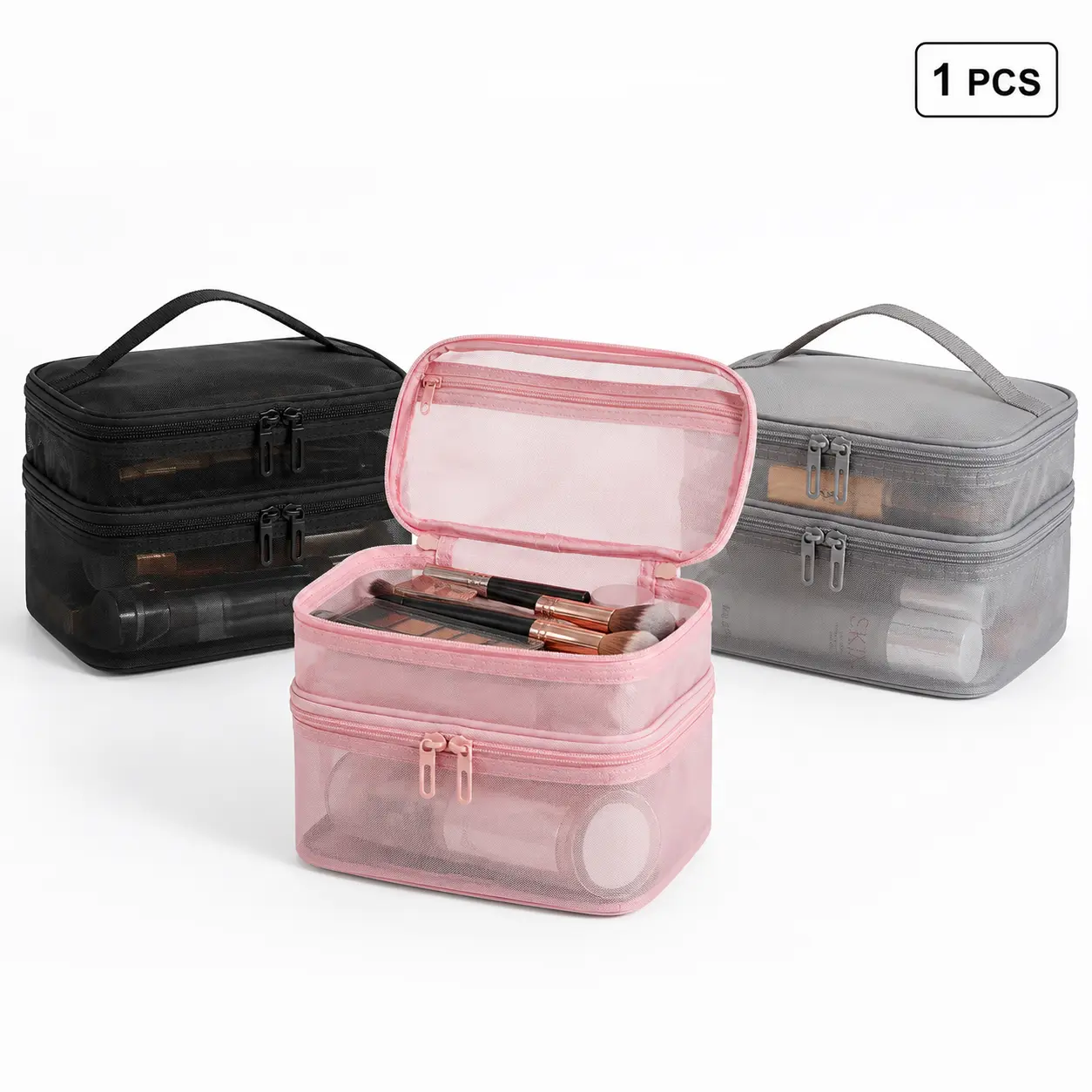 Double Layer Compact Travel Makeup Bag with Handle, Large Capacity, Built-in Organizer, 2 Zipper Compartments for Yoga & Pilates Toiletries, Skincare, Brushes, Mini Travel Products, Grab‑And‑Go Handle
