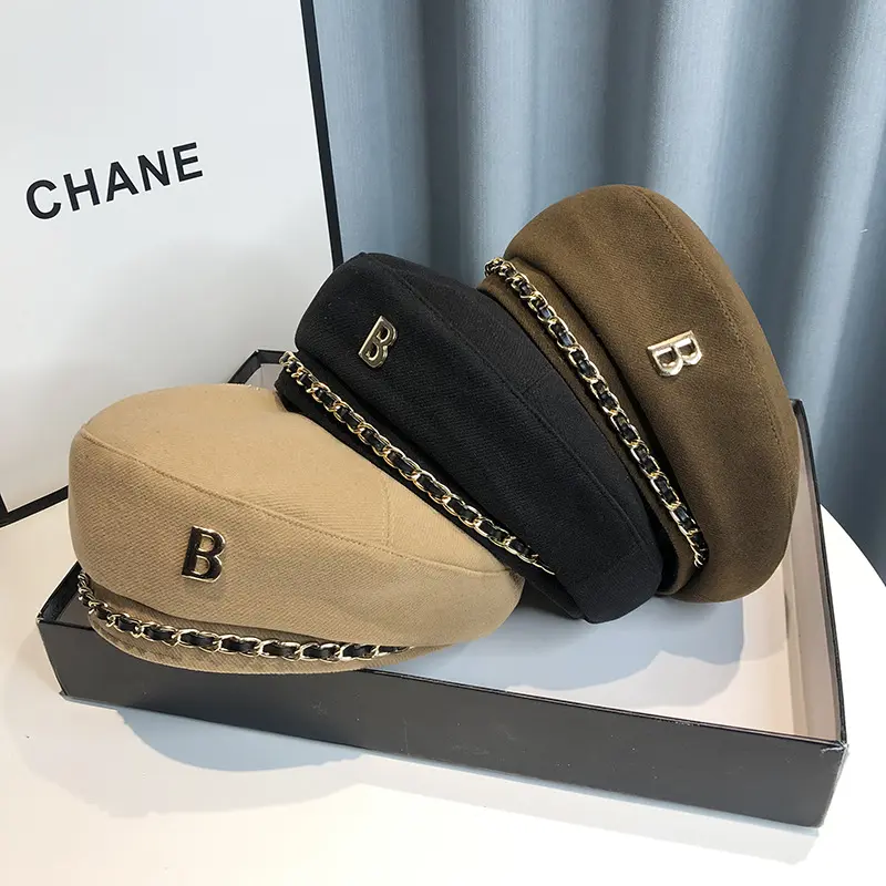 Retro Newsboy Beret Hats for Women Wool Blend Military Cadet Cap French Painter Hat with Metal Letter Chain Khaki Black Brown Flat Top Bonnet Elegant Daily Autumn Winter Outfits Outdoor Streetwear Travel Trendy Gift