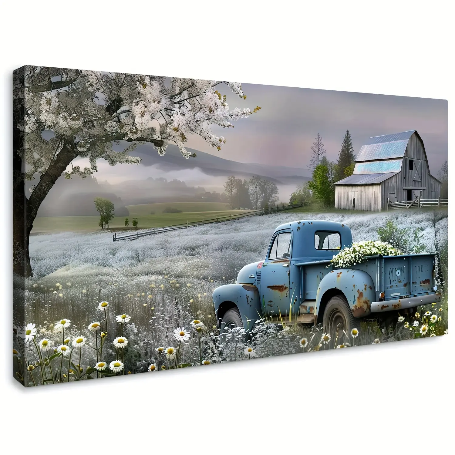 1pc farmhouse canvas wall art vintage pickup truck pastoral barn scene painting rustic blue truck with flowers antique vehicle art print home living room guest bedroom decoration