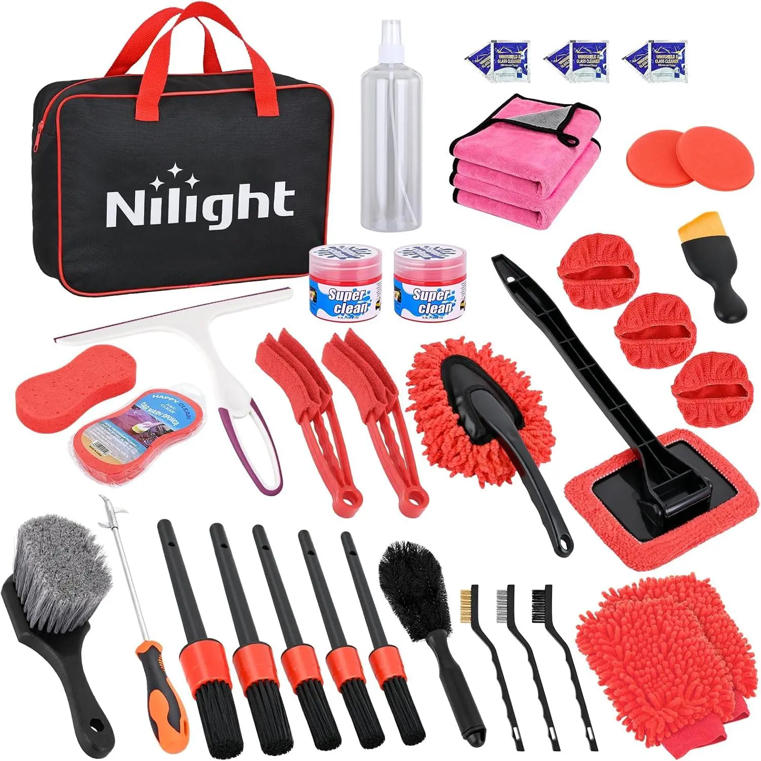 Nilight 37-Piece Car Detailing Kit with Compact Carry Bag, Car Wash Supplies & Automotive Detailing Products for Interior-Exterior Deep Cleaning of Home-Use Windshields, Dashboards, Seats, Air Vents, Wheels, Tires (Red)