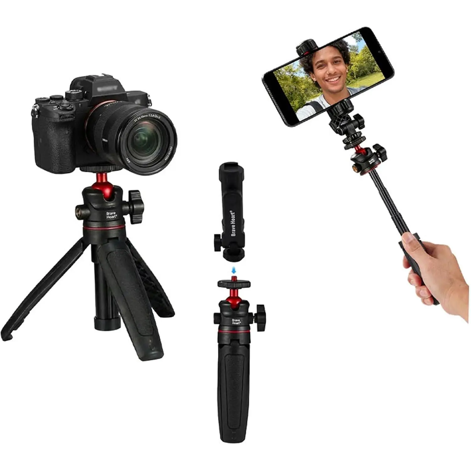 Black Mini Tripod Phone Stand with 1/4" Screw for /Insta 360 X5/ //Pocket 3 ////Cameras, Extendable Handheld Vlogging Video Filming Table Stand