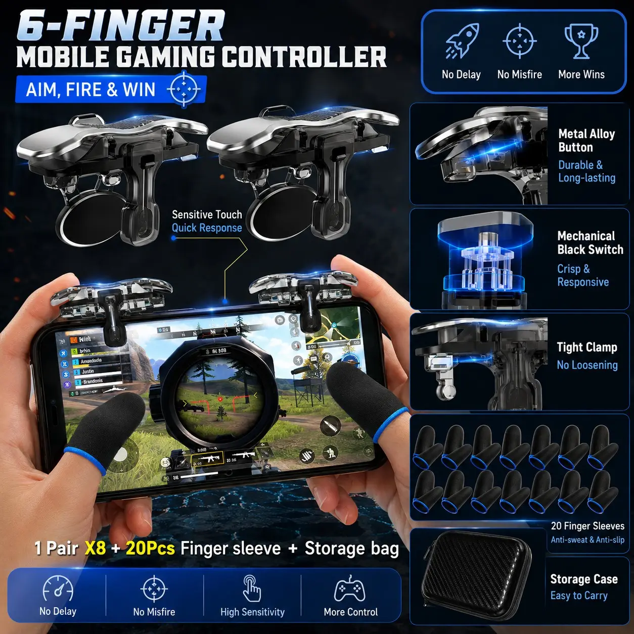 X8 PUBG Gaming Trigger + 20Pcs Carbon Fiber Finger Sleeves with Storage Pouch – Back Clip Design No Screen Block, Electroplated Sensitive Buttons, Anti-Sweat & Breathable – For Mobile FPS Gamers