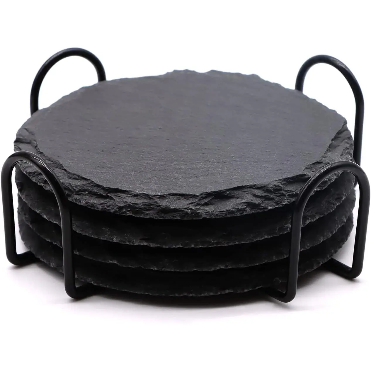 4 PCS Round Slate Drink Coasters Set, 4 Inch Laser Engraving Black Slate Stone Coasters with Anti-Scratch Bottom and Coaster Holder for Office Bar Kitchen Home Dinner Table Decor Supplies