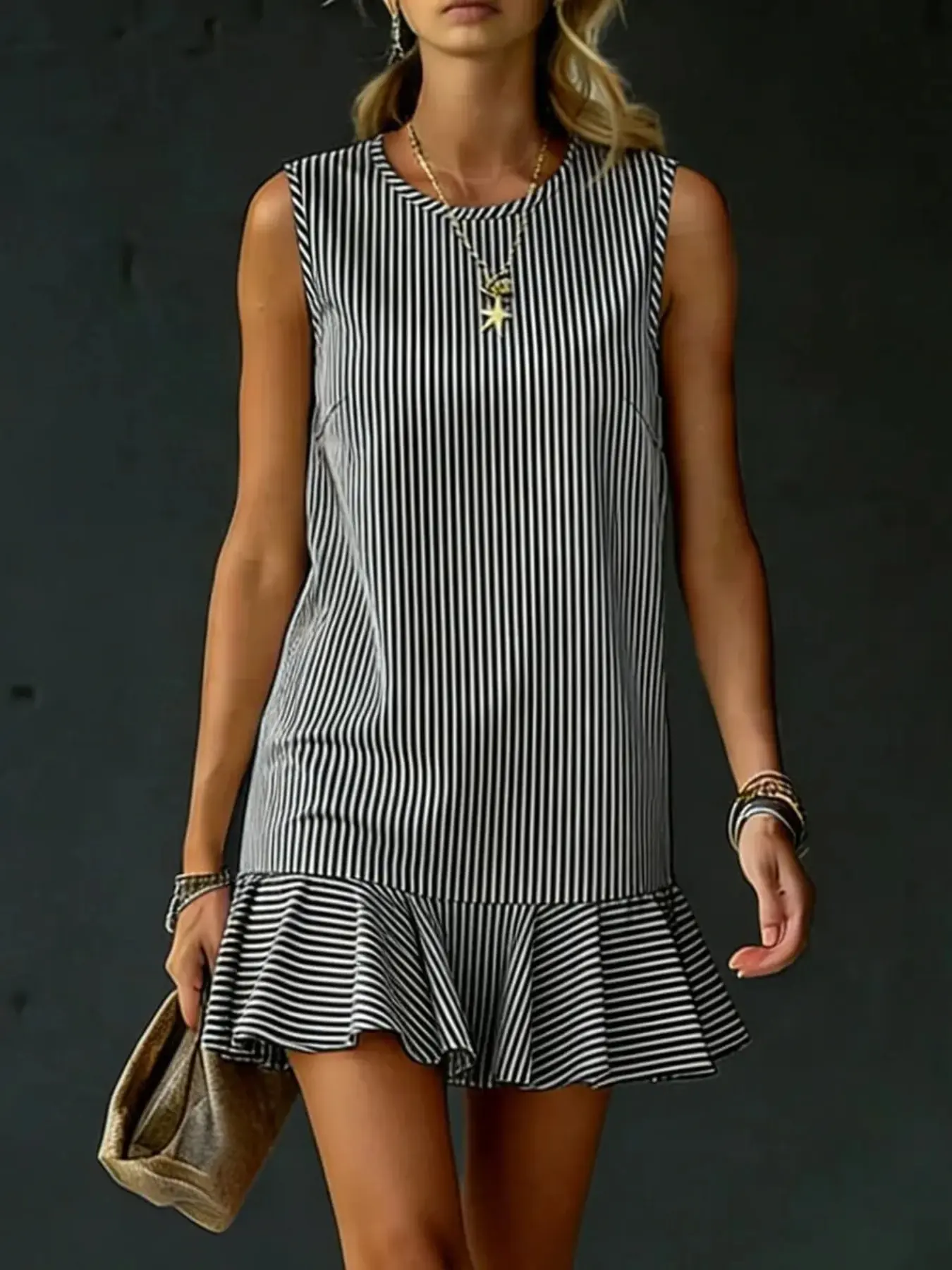 Women's Vertical Striped Sleeveless Mini Dress, Crew Neck Loose Shift Dress, Flounce Ruffle Hem, Casual Summer Tank Sundress, Beach Short Dresses