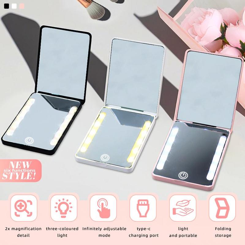 Rechargeable Pocket Mirror, LED Makeup Mirror with Light for Purse, Lighted Makeup Mirror, Double Sided 1X/2X Magnification Compact Vanity Mirror, Folding Small Portable Mirror