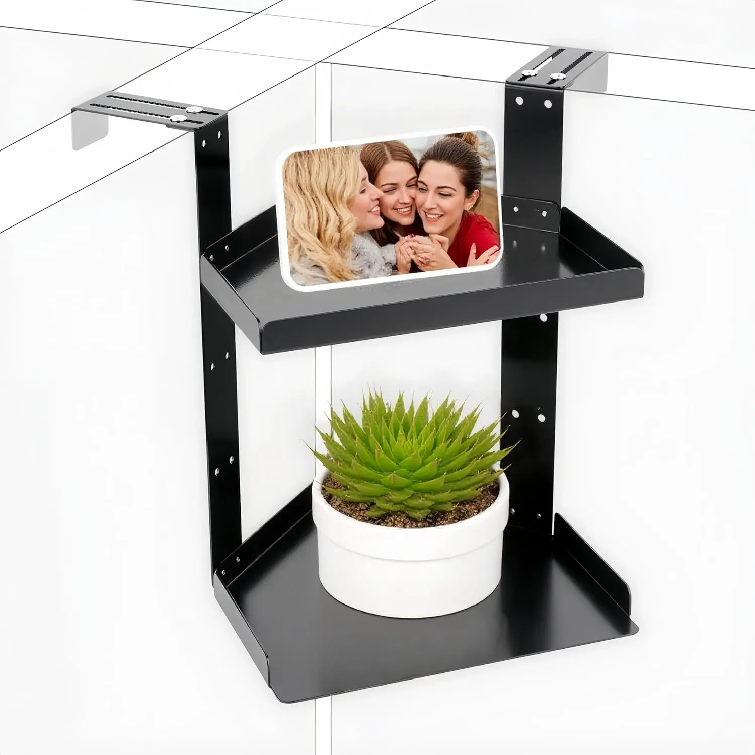 Height Adjustable Double Layer Black Office Cubicle Corner Shelf Storage Organizer with Hooks