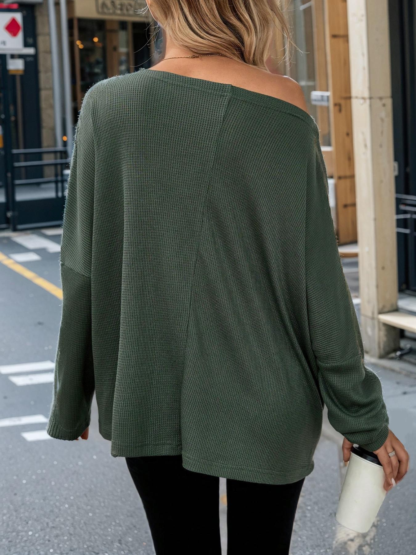 Women's Plain Textured Batwing Sleeve Tee, Casual Drop Shoulder Long Sleeve T-shirt for Spring & Fall, Women's Top for Daily Wear, Casual Breathable Top