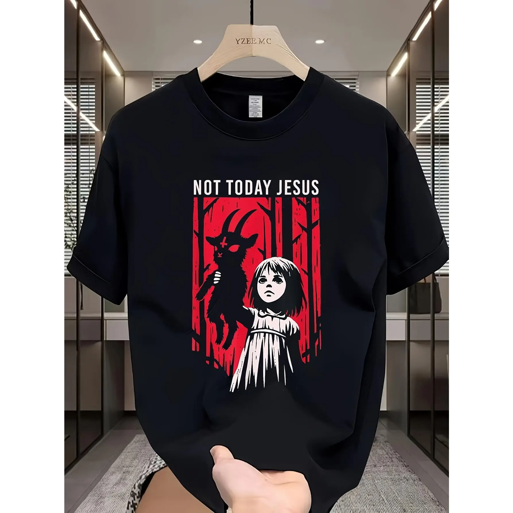 Men's Gothic Horror Graphic T-Shirt - "Jesus, Not Today" Retro Demon and Victim Art T-Shirt - Red and Black Heavy Metal T-Shirt - Breathable Crew Neck Top, Suitable for Concerts, Gyms, Halloween - Avant-garde Gothic Apparel - Machine Washable, Casual Wear