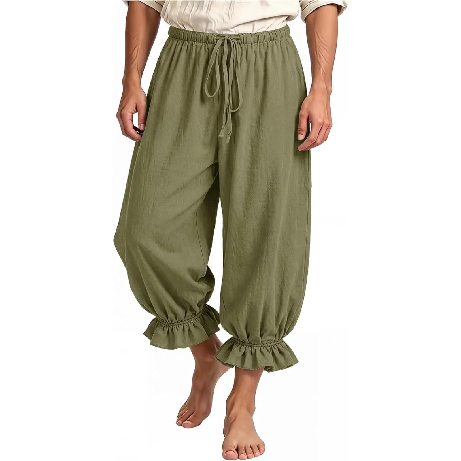 Runcati Men's Medieval Pirate Pants Renaissance Viking Baggy Harem Trousers | Lightweight Elastic Waist Cotton Pants, Navigator Halloween Retro Costume Trousers, Cosplay Bottom with Pockets, Ruffle Hem