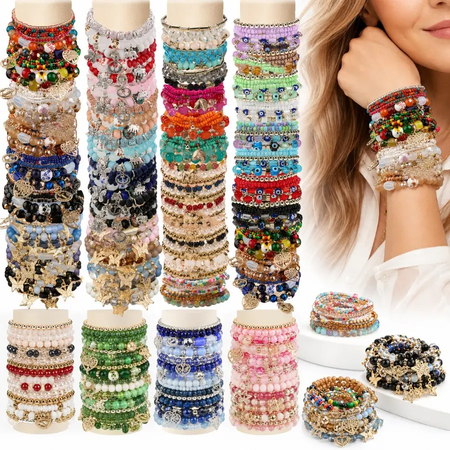 Bohemian 11-PCS Multi-Layer Beaded Stackable Bracelet Set - Female Fit, 16-22cm, Mixed Colors, Flower Motif, Natural Stones, Safe Materials, Layered Look, Daily Outfit Wristwear, Anniversary Gift