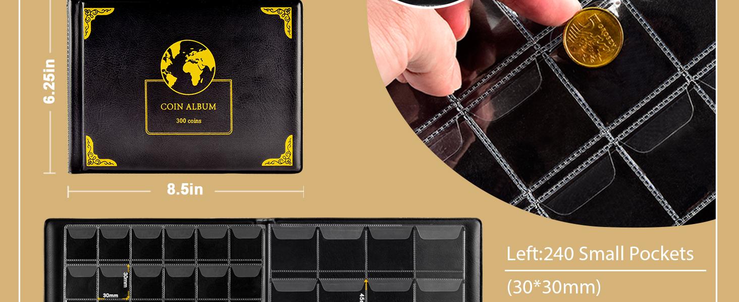 Coin Collection Supplies Holder Book for Collectors, 300 Pockets Coin Collection Organizer Storage Box Case Album for 20/25/ 27/30/ 38mm Coin (Earth pattern black)
