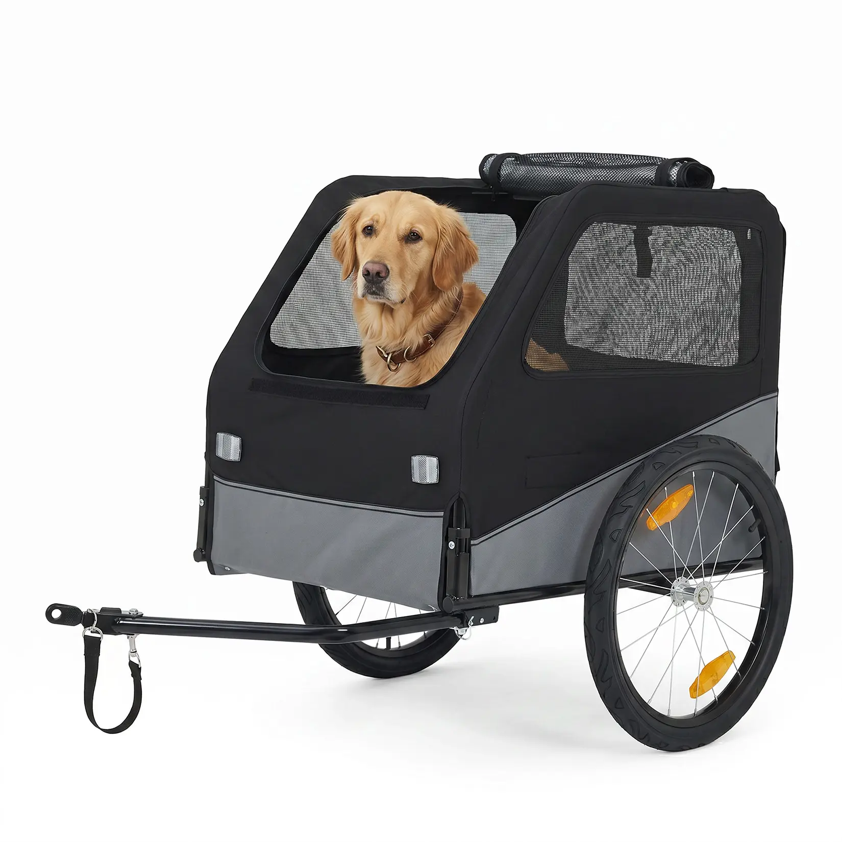 Heavy Duty Collapsible Dog Bike Trailer – Steel Frame Pet Carrier, 100 lbs Capacity, Mesh Windows & Reflectors, Oxford Fabric for Medium/Large Dogs – Black