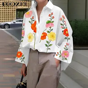 UOOZEE Women's Baggy Feminine Colorful Graphic Floral Print White Breathable Lightweight Sheer Polyester Button-Down Blouse, 3/4 Flare Sleeves, Collared Loose Top, Size Down for Slim Fit, Casual Streetwear Resort Wear