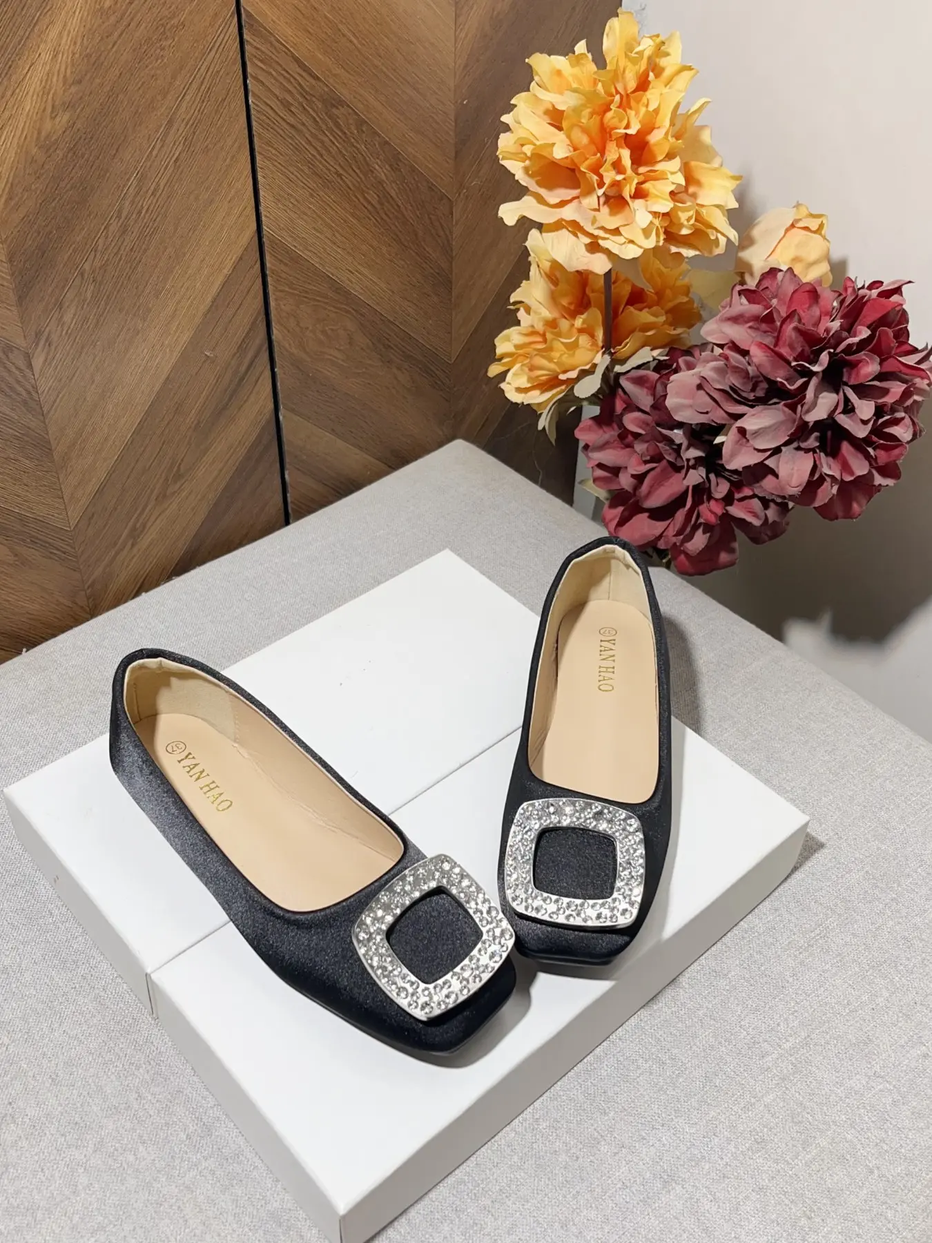 Women's Satin Flat Shoes, Rhinestone-Decorated Square Toe, Comfortable Soft Sole, Casual All-Season Footwear, Lightweight Flat Casual, Multiple Colors Available