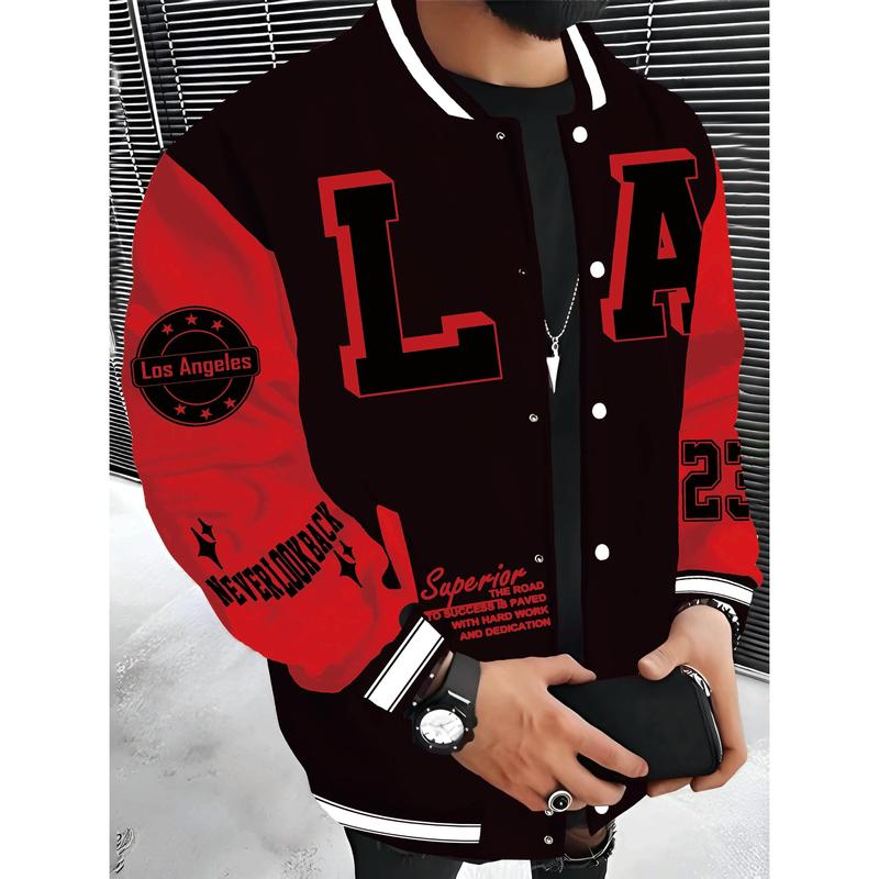 Men's Los Angeles Baseball Jacket - Red & Black with White Lettering, "SUPERIOR QUALITY" Embroidery, Lightweight & Warm Polyester Varsity Coat with Pockets, Hip Hop Rock Style Menswear Clothes Fitness Outdoor Sports Sunny Tops Gamis Casual Long Sleeve