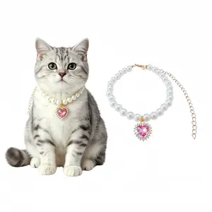 Luxury Pearl Pet Necklace with Pink Crystal Heart Pendant – Handmade Adjustable Cat Dog Collar for Small Medium Puppy Kitten – Wedding Birthday Party Lightweight Jewelry for Pets Poodle