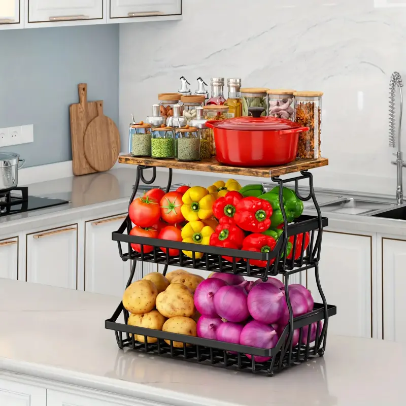 1 Pack 3-Tier Fruit Vegetable Storage Cart, Wire Baskets for Potatoes & Onions, Black Kitchen Organizer Rack