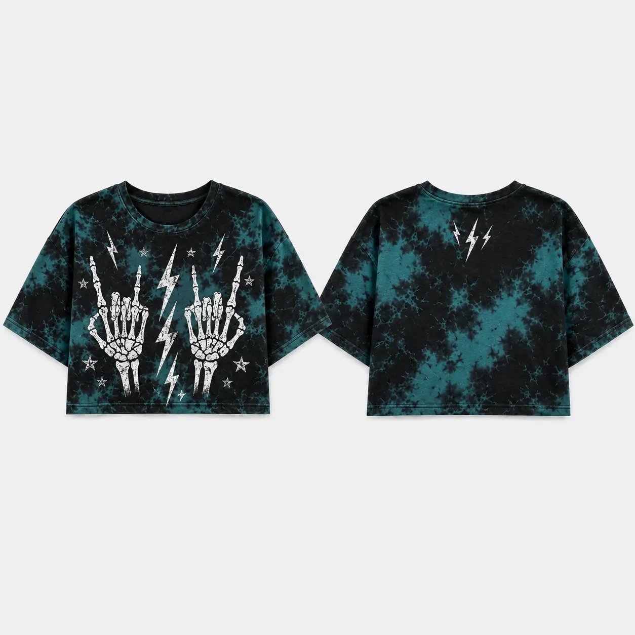 Women’s Gothic Cropped Graphic T-Shirt - Tie-Dye Skeleton Hands Oversized Short-Sleeve Top with Skull, Moth, Snake, Moon, Heart Prints - Grunge Street Style Everyday Shirt for Women - School, Denim, Cargo Outfit Complement