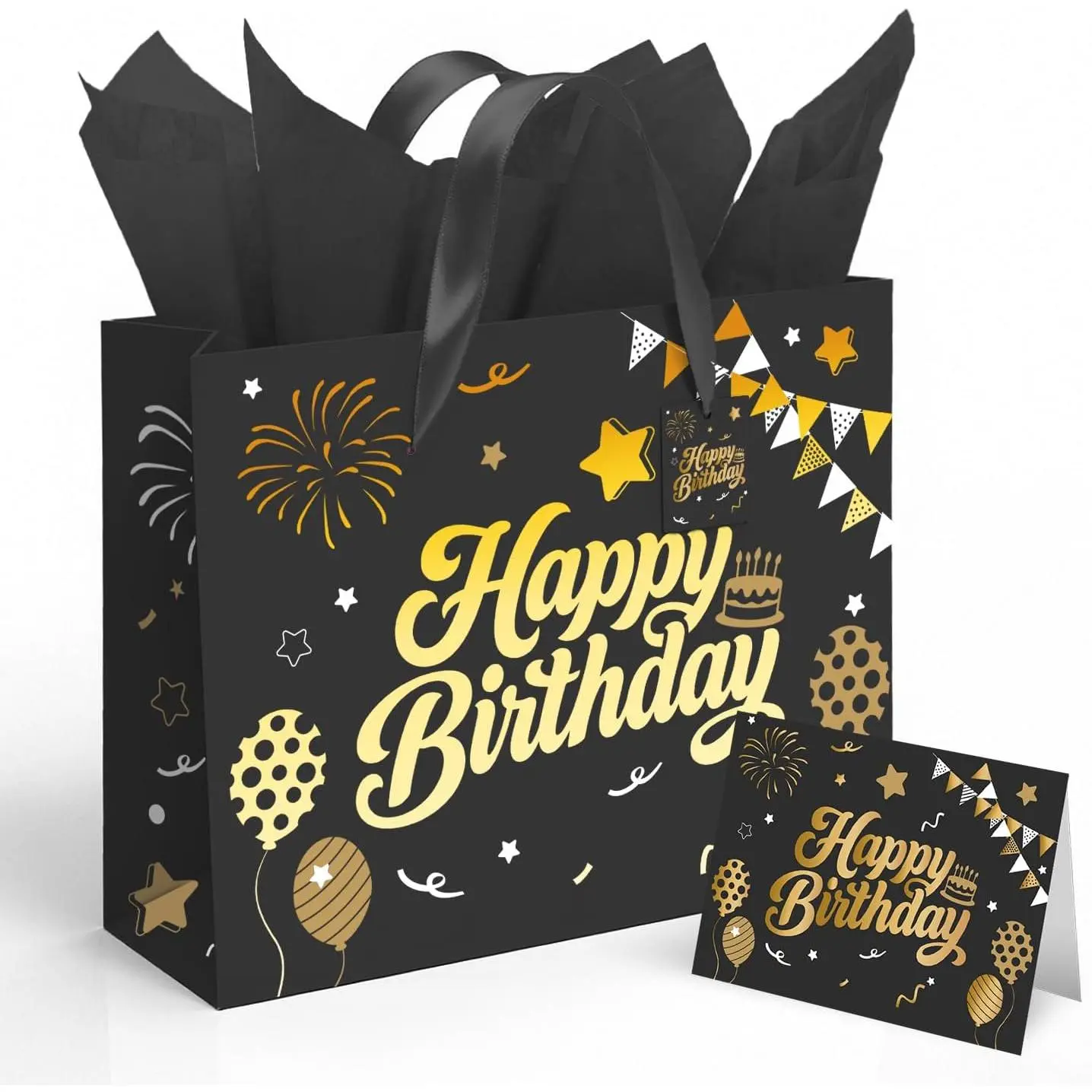 13” Black Birthday  Bag with Tissue Paper and Greeting Card, Happy Birthday  Bags for Party, Hot Foil Stamping Design  Wrap Bags Decor for Men, Women and , 1 count, Medium Size