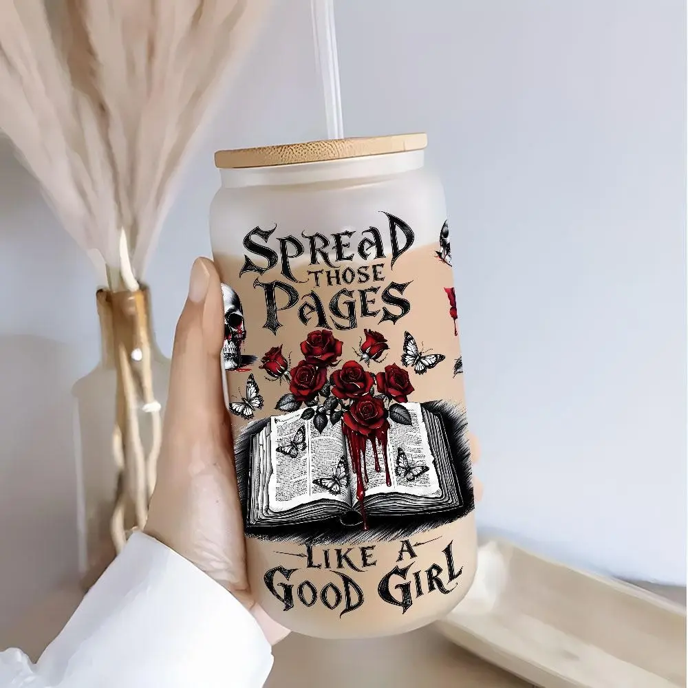 Gothic Skull Rose & Book "Spread Those Pages Like A Good Girl" Design 16oz Glass Can Cup with Lid and Straw, Reusable Glass Drinking Cup, High-Quality Glass Jar for Iced Coffee, Beer, Juice, Cold Drinks, Dark Aesthetic Fashionable Glassware, Perfect Gift