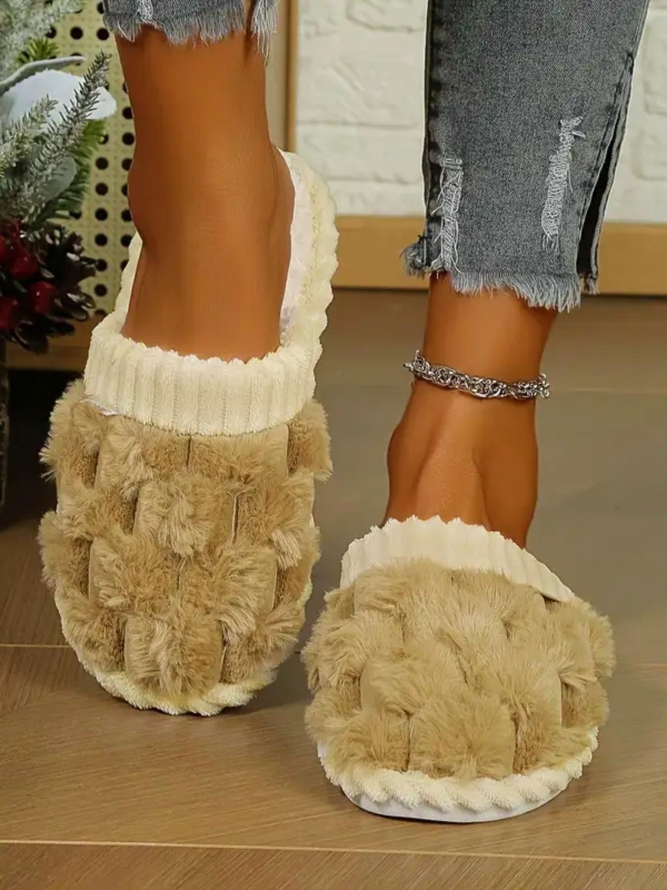 Women's & Men's Checkered Faux Fur Plush Slippers, Fuzzy House Slippers, Soft Cushioned Slippers, Cozy Soft Furry Indoor Shoes, Thick Warm Fleece Lining, Non-slip Durable Sole, Lightweight Quiet House Shoes, Indoor Home Slippers