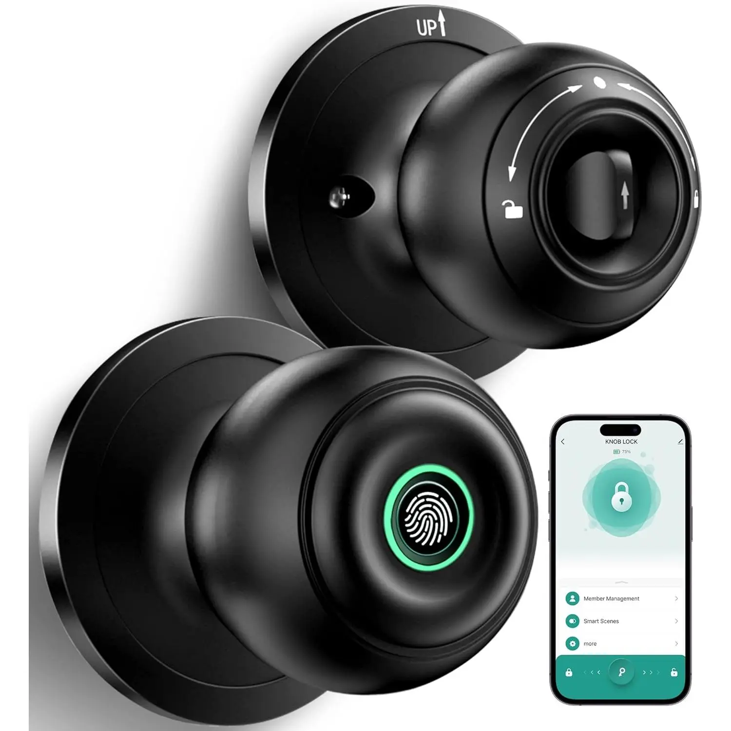 Door Lock, Door Knob with Lock, Black| Door Lock with App & Key, Biometric Door Locks for Bedrooms, Front Door, Home, Apartment,Office