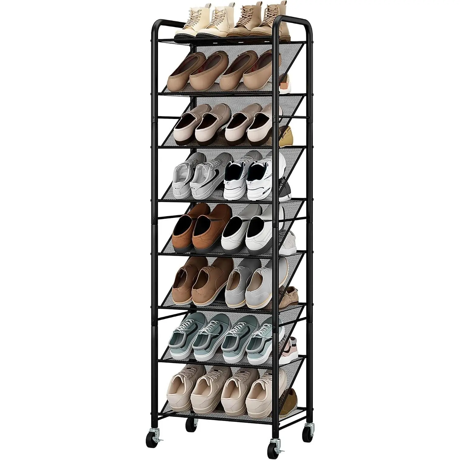 8-Tier Narrow Shoe Rack with Lockable Wheels, Double-Sided Vinyl Mesh Shelf Shoe Organizer for Up to 30 Pairs, Slim Space Saving Metal Rolling Shoe Storage for Entryway, Closet, Hallway
