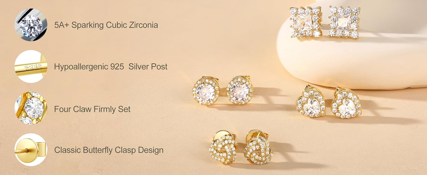 Trendy 4 Pairs Sterling Silver CZ Stud Earrings for Women 14K Gold Plated Brilliant Celtic Heart Big Stud Earrings Set Cubic Zirconia Earrings Studs for Sensitive Ear Trendy 4 Pairs Sterling Silver CZ Stud Earrings for Women 14K Gold Plated Brilliant Celtic Heart Big Stud Earrings Set Cubic Zirconia Earrings Studs for Sensitive Ear