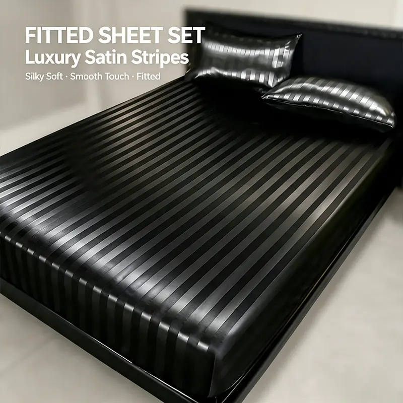 Versatile Satin Fitted Sheet Bedding Set, Timeless Vertical Stripe Style, Deep Pocket Fitted Sheet With Matching Pillowcases, Perfect Bedding for Multiple Home Scenarios
