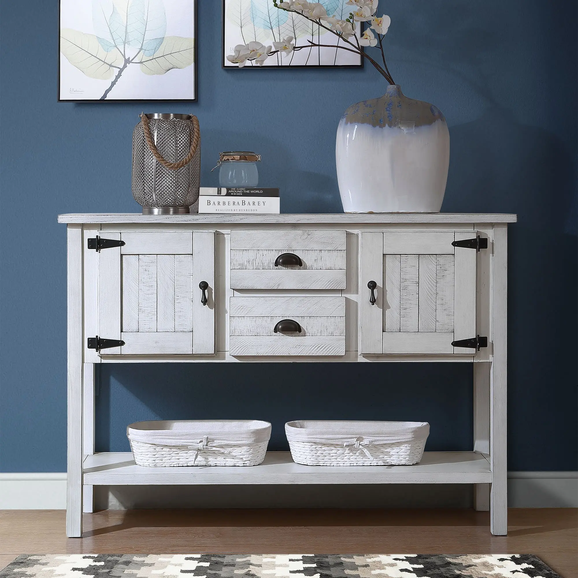 Nokka Retro Look Solid Wood Sideboard Console Table - 2 Drawers, 2 Cabinets, Wooden Base, Ample Storage Space, Antique White Storage Buffet Server for Living Room, Dining Room