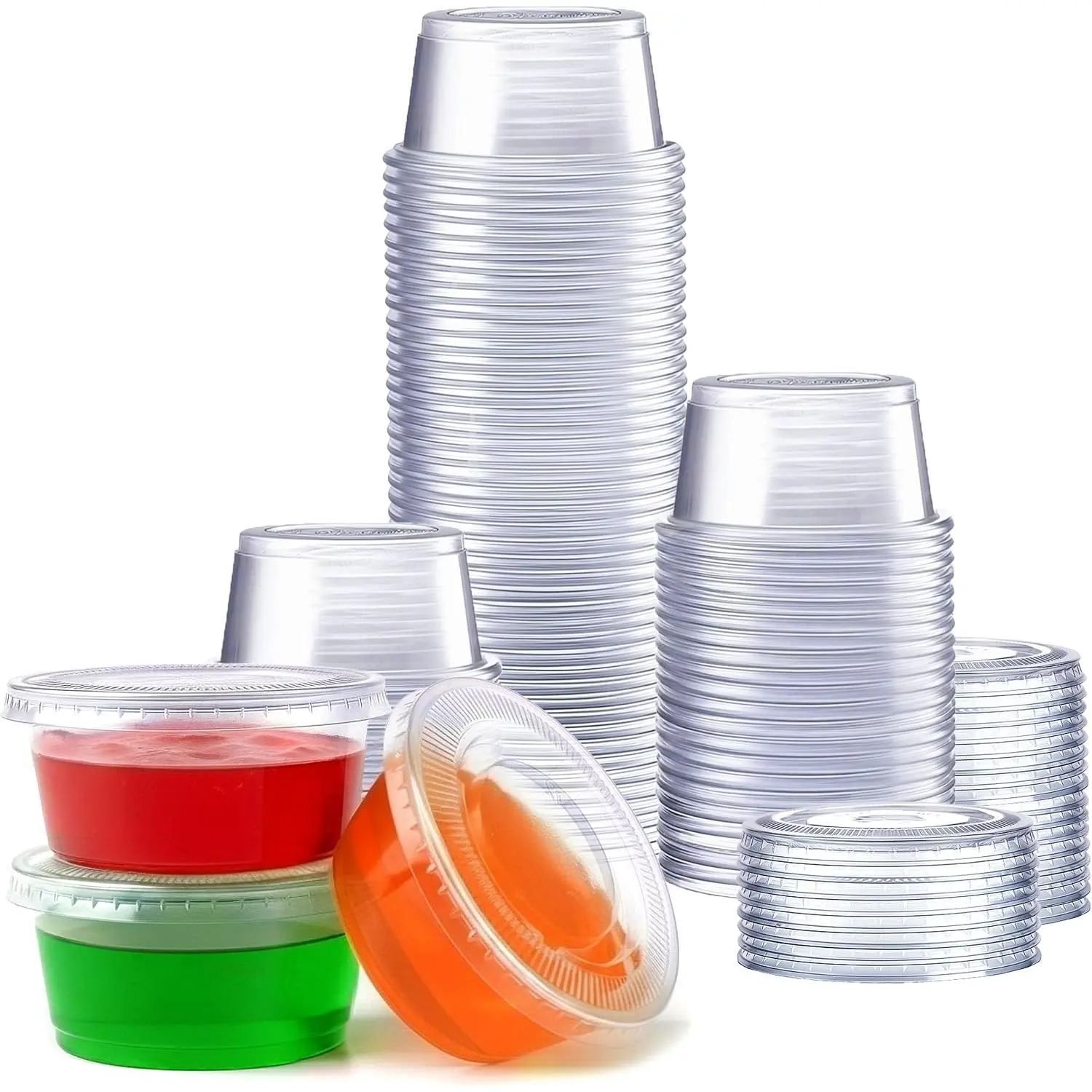 2oz Disposable Food Grade PP Plastic Jello Shot Cups with Lids [100 Count] - Durable, Stackable, Leak-Resistant Portion Containers for Condiments/Sauces (Kitchen/Business Use, Formerly Comfy Package), Portion Cup